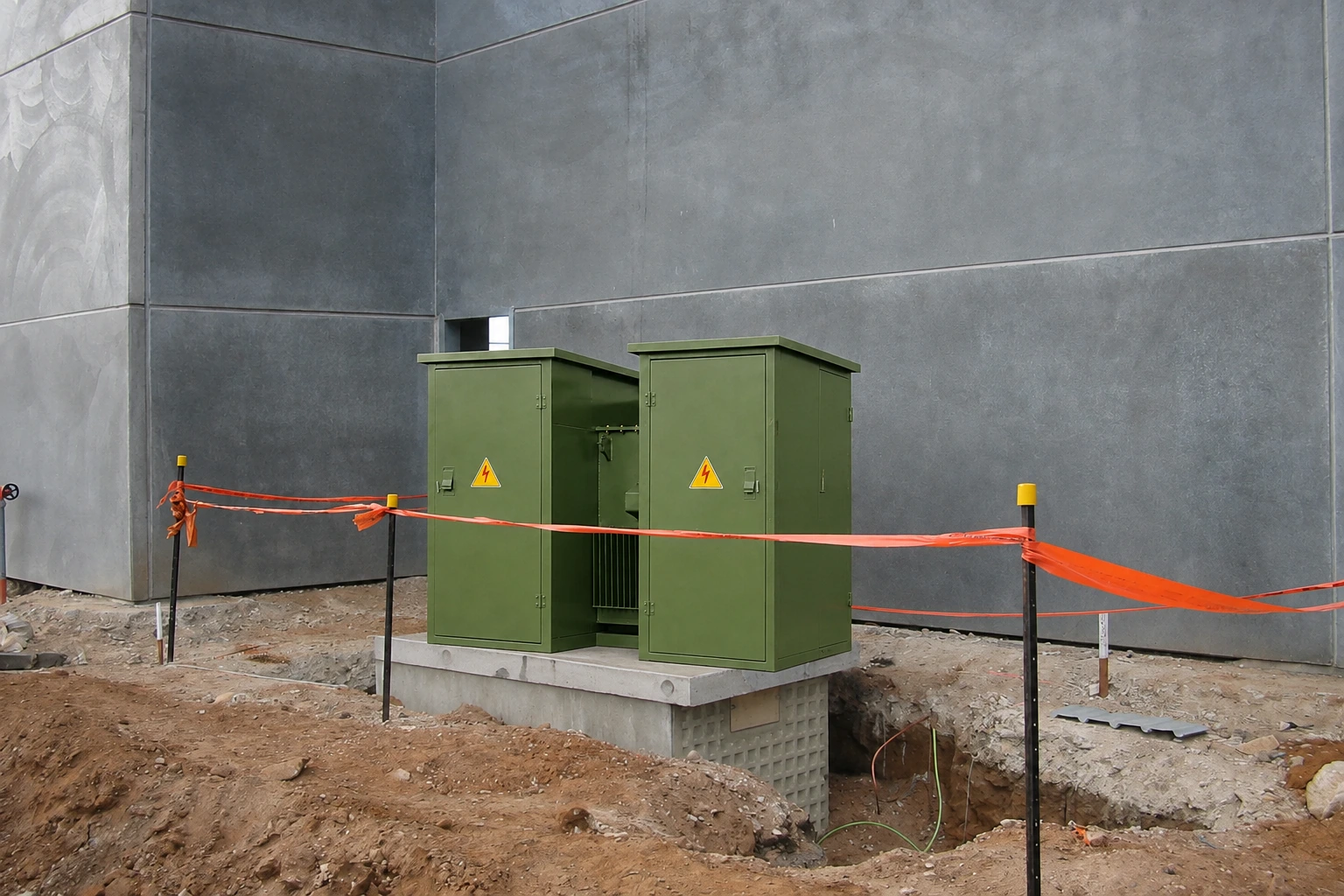 Combined transformer at a grey-wall construction site — reference-based edited scene