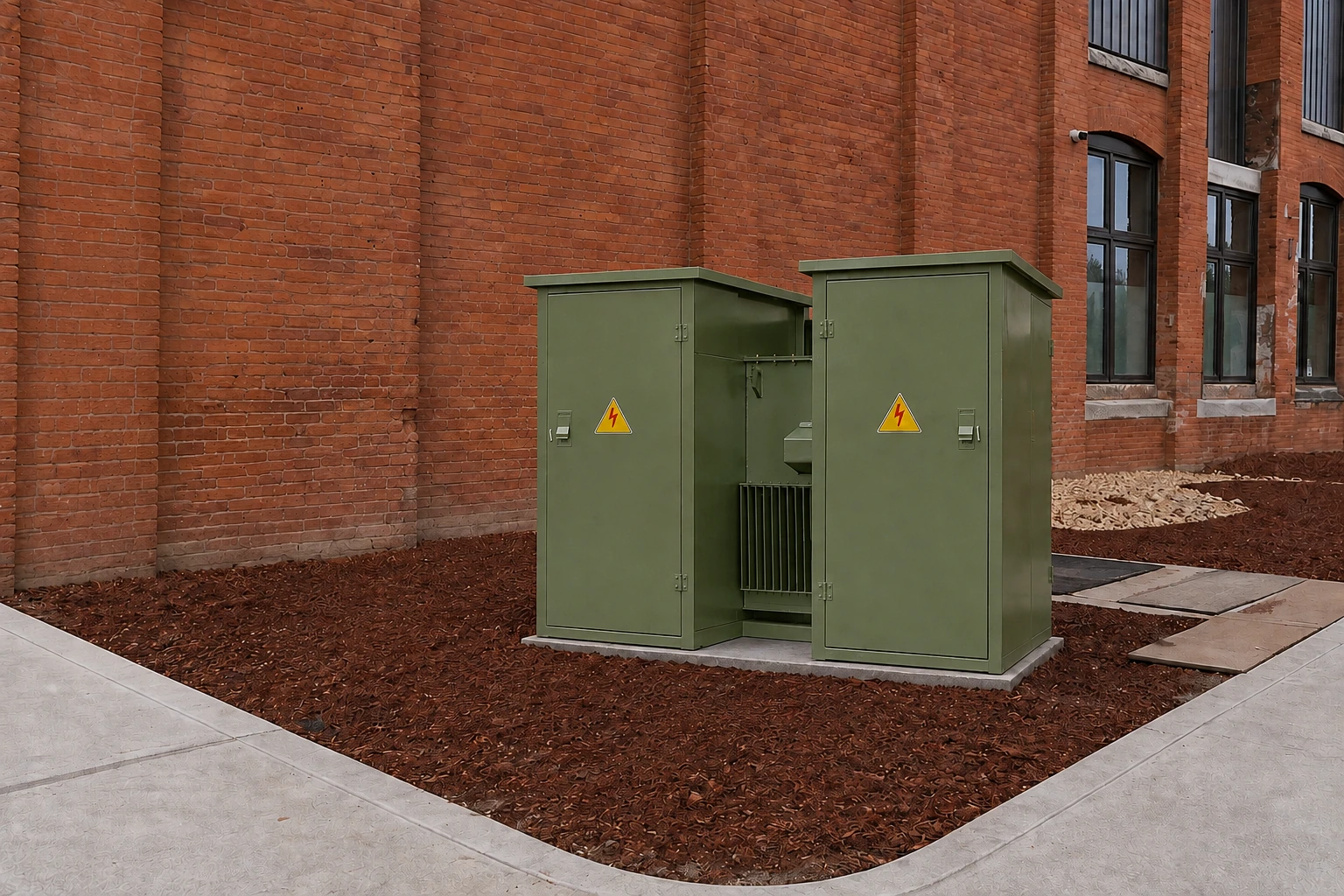 Combined transformer beside a red-brick factory — reference-based edited scene