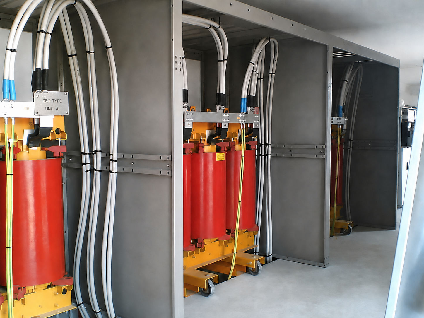 Dry-type transformer compartments with installed high-voltage cables