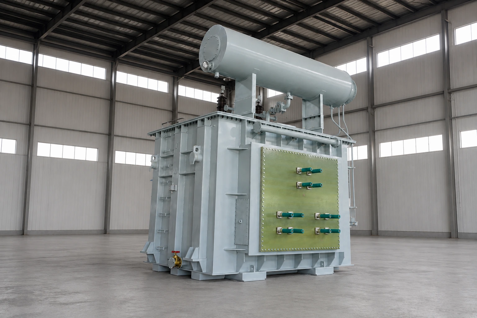Furnace transformer in a high-bay factory — edited photographic reference