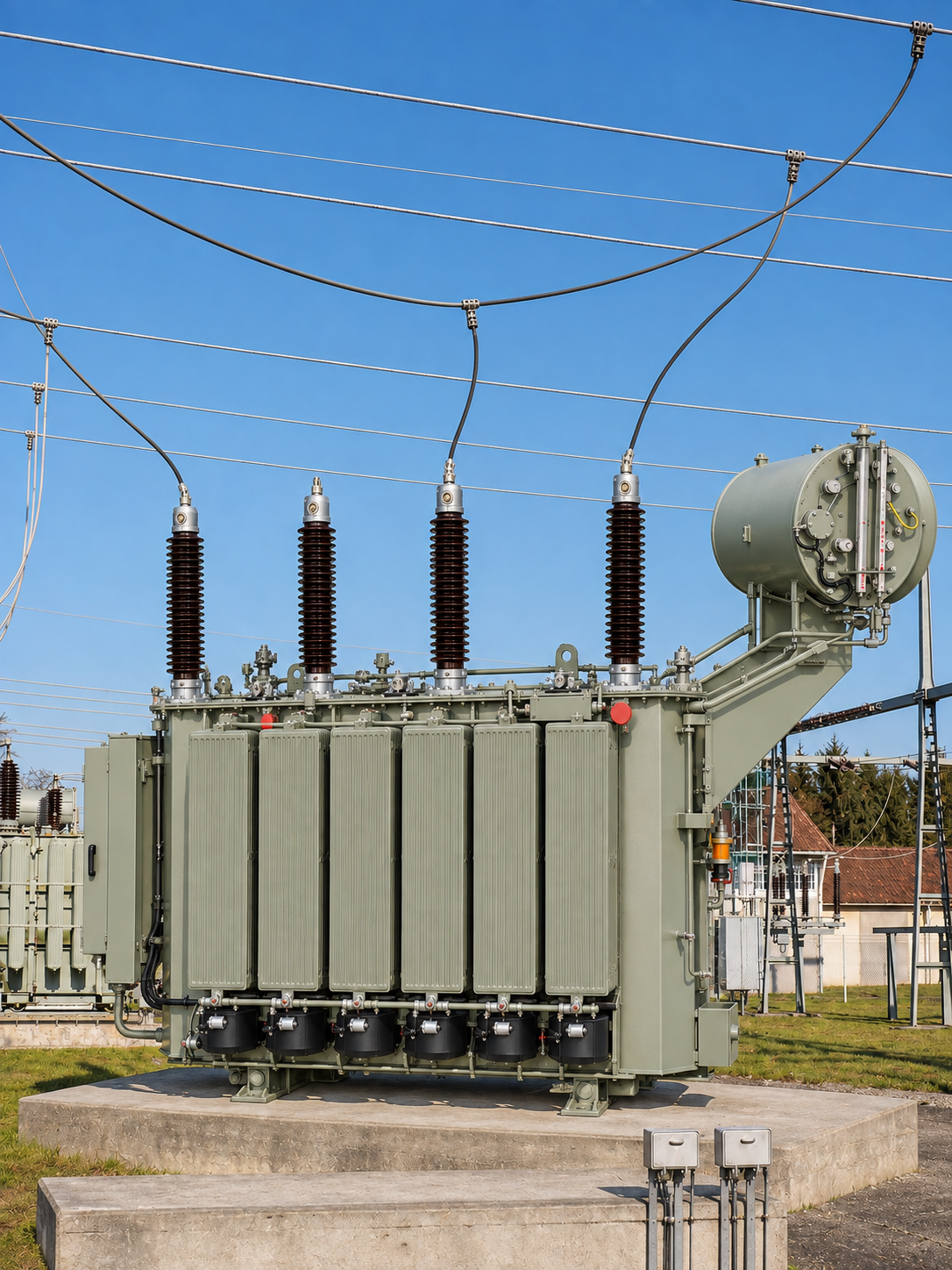 Illustrative close-up of a power transformer in an outdoor substation