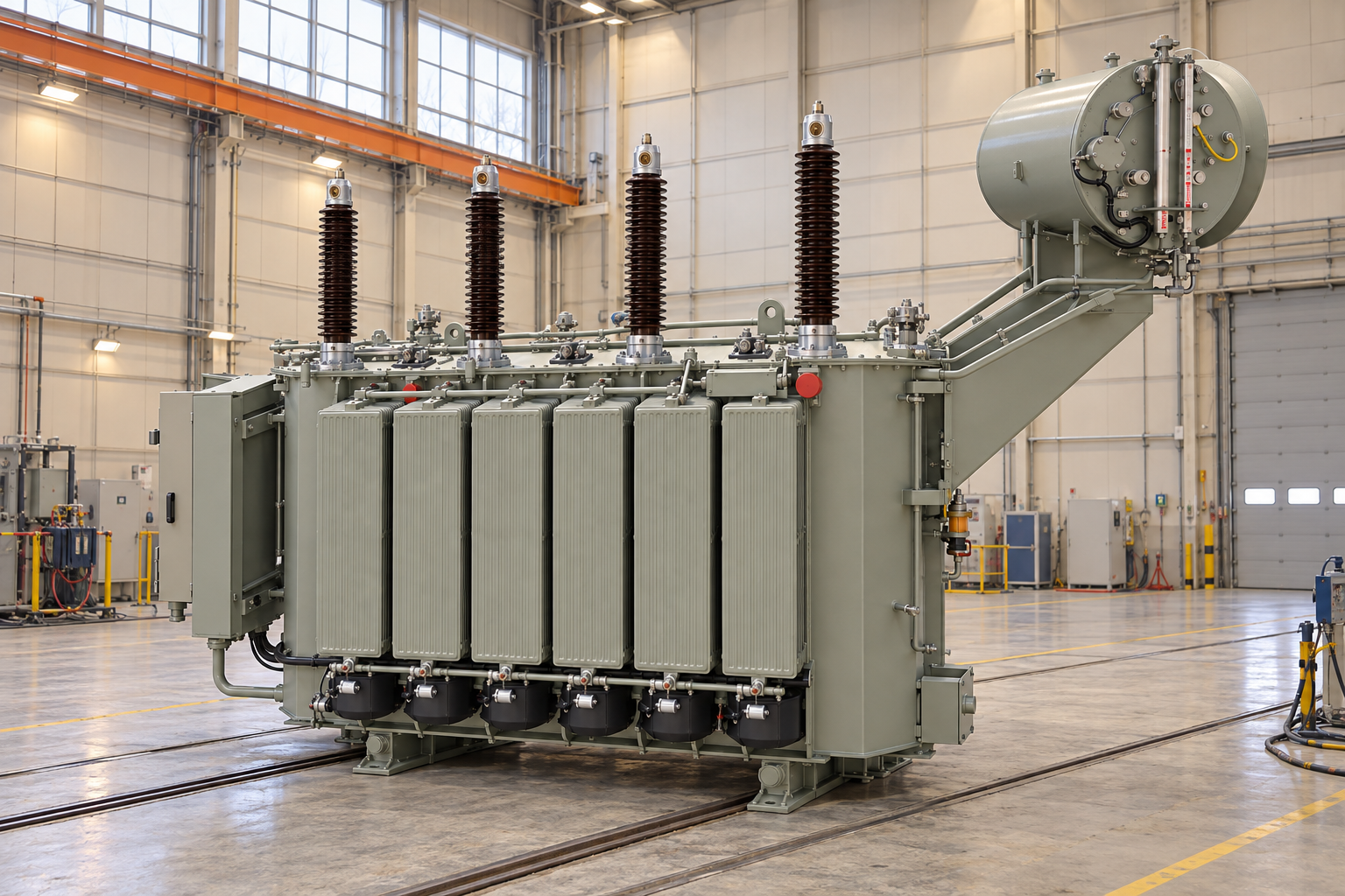 Power transformer illustration in a factory test hall