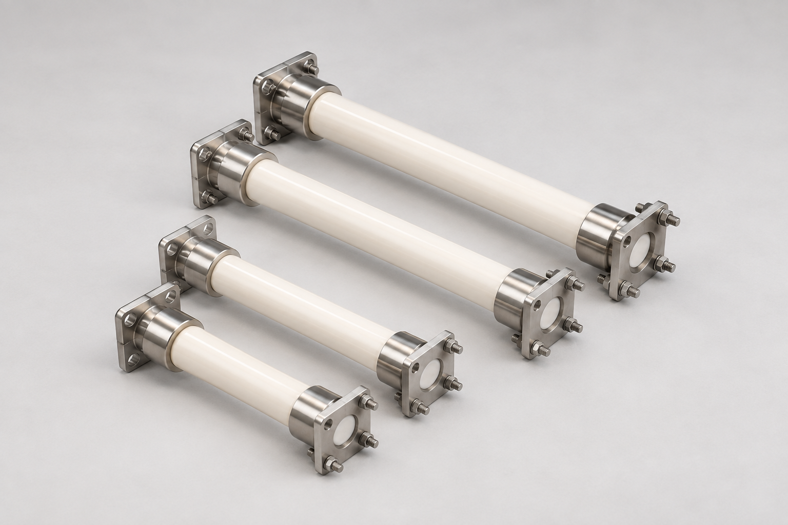 Suspension insulators with white insulating bodies and metal end fittings on a clean light-grey background
