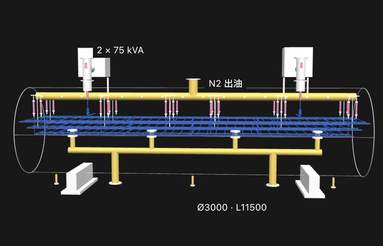 3D schematic of electrode grids and suspension insulators inside a desalter vessel